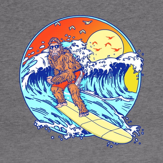 Surfing Bigfoot Funny Beach Sasquatch Surfer Waves Retro 80s by GIANTSTEPDESIGN